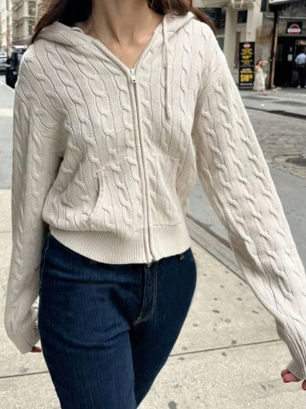Casual Women's Cable Knit Zip-Up Hooded Cardigan with pockets